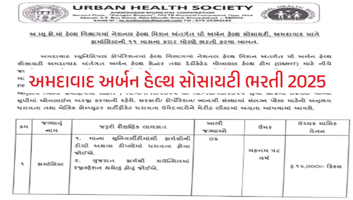 અમદાવાદ અર્બન હેલ્થ સોસાયટી ભરતી 2025